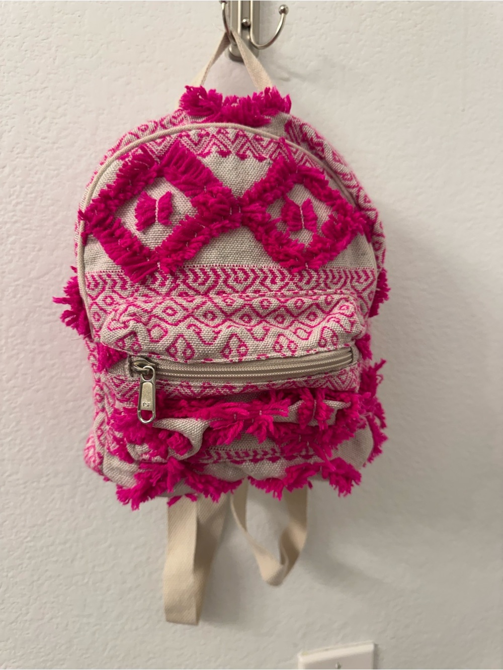 Girls Pink Patterned Fringe Mini Backpack made in India festival